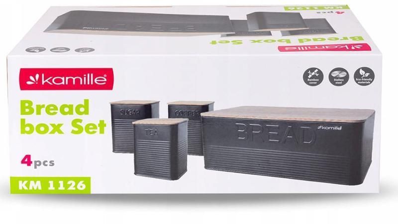 Хлібниця Kamille Black&Wood 36х22х20см з дерев'яною кришкою + 3 ємності для зберігання, чорна (арт. 32329182) фото