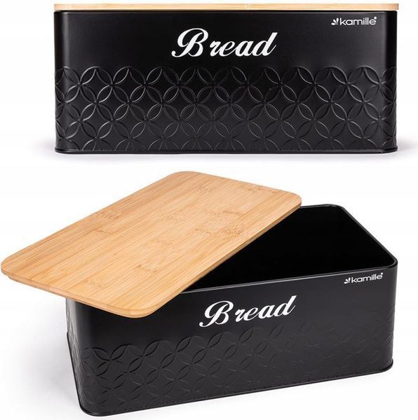 Хлібниця Kamille Black&Wood 36х22х20см з дерев'яною кришкою + 3 ємності для зберігання, чорні (арт. 32329183) фото