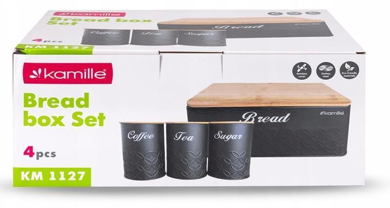 Хлібниця Kamille Black&Wood 36х22х20см з дерев'яною кришкою + 3 ємності для зберігання, чорні (арт. 32329183) фото