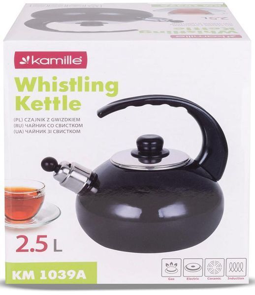 Чайник емальований Kamille "Boiling Water" 2.5л зі свистком, чорний глянець (арт. 32329207) фото