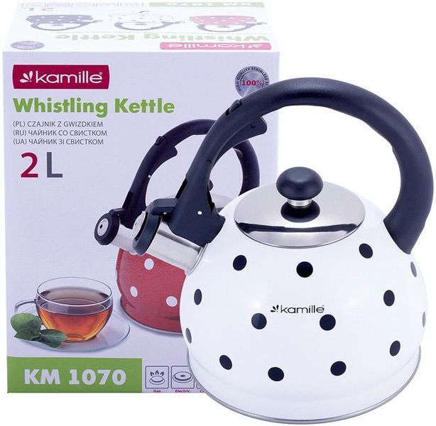 Чайник Kamille Polka Dot Kettle 2л з нержавіючої сталі зі свистком, в горошок, білий (арт. 32324998) фото