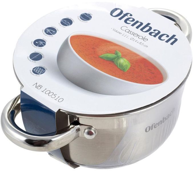 Каструля Ofenbach Casserole з нержавіючої сталі 1100мл зі скляною кришкою (арт. 32329252) фото