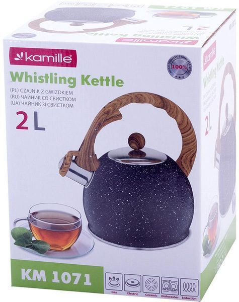 Чайник Kamille Whistling Kettle Marble 2л з нержавіючої сталі зі свистком, чорний мармур (арт. 32325001) фото