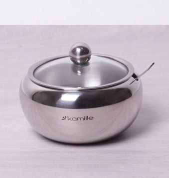 Цукорниця Kamille 460мл нержавійка з ложкою і скляною кришкою (арт. 32310380) фото