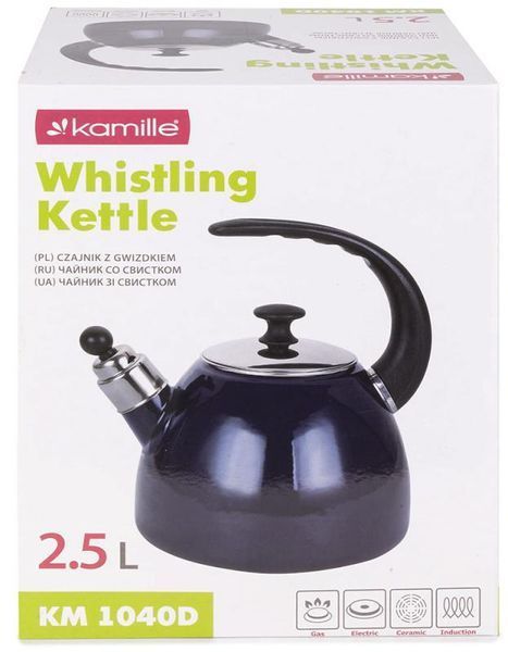 Чайник емальований Kamille "Boiling Water" 2.5л зі свистком, індукційний, синій (арт. 32329214) фото