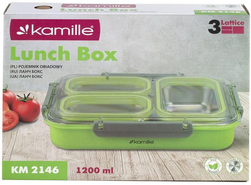 Ланч-бокс Kamille Snack 1200мл на 3 секції, пластик і нержавіюча сталь, зелений (арт. 32324956) фото